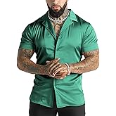 URRU Men's Luxury Shiny Silk Like Satin Dress Shirt Cuban Collar Short Sleeve Casual Slim Fit Muscle Button Up Shirts