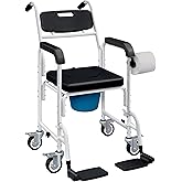 HOMCOM 4-in-1 Shower Commode Chair with Wheels, Rolling Shower Chair with Backrest, Arms and Flip Footrests, Bedside Commode 