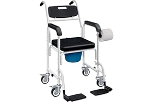 HOMCOM 4-in-1 Shower Commode Chair with Wheels, Rolling Shower Chair with Backrest, Arms and Flip Footrests, Bedside Commode 