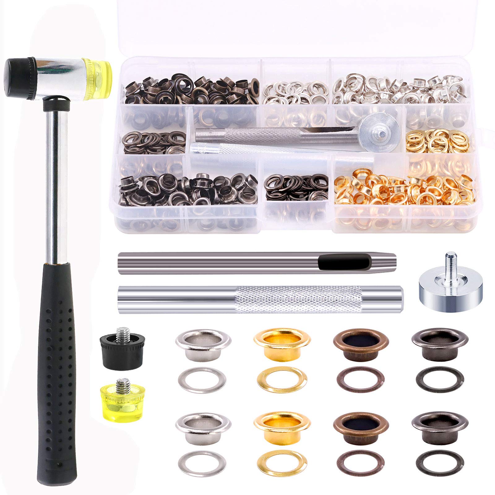 Swpeet S1448 246 Sets 1/4 Inch - 6mm 4 Colors Grommet Eyelets Assortment Kit with Setting Install Tool, Including Rubbe Lightweight Soft Mallet, Metal Eyelets Kits Shoe for Leather Fabric Belt Clothes