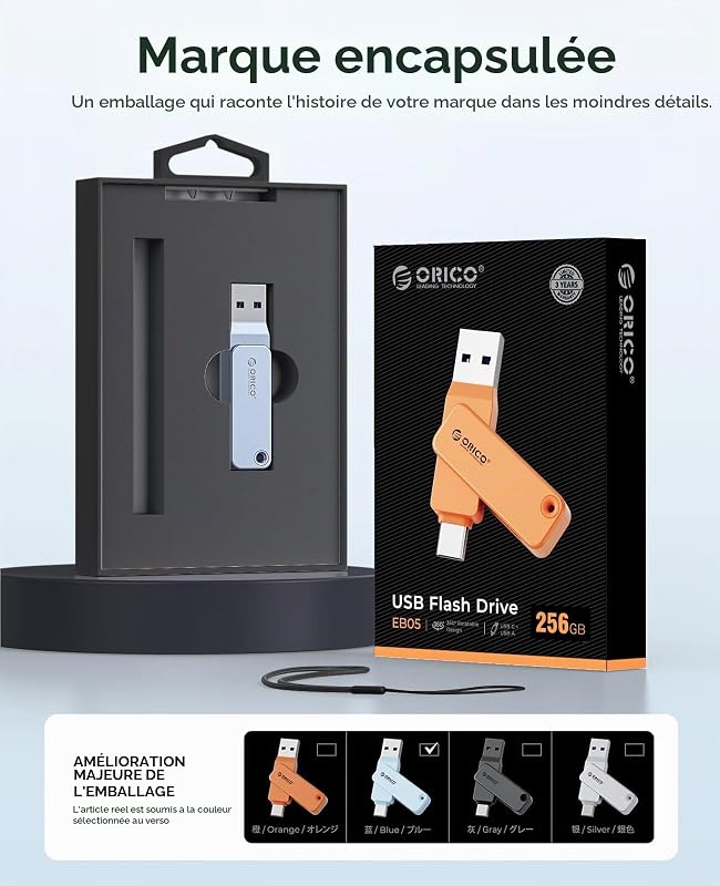 Clé USB 32 Go USB-C et USB-A, 150 Mo/s, USB 3.2 Gen 1, Bleu, EB05