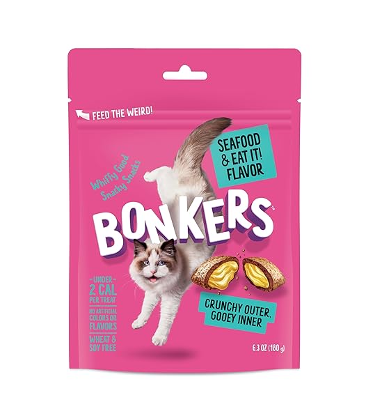 BONKERS CAT BITES, CRUNCHY & SOFT SEAFOOD & EAT IT! FLAVOR TREATS, LOW CALORIE, TRAINING OR FOOD TOPPER, 6.3 OZ / 180G RESEALABLE BAG FOR ALL BREEDS AND AGES