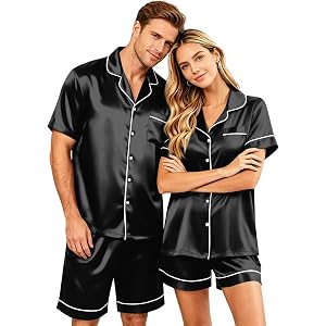SamLng Couple Matching Pajamas Sets Silk Short Sleeve Button Down Sleepwear Satin Pjs Shorts Set Soft Loungewear