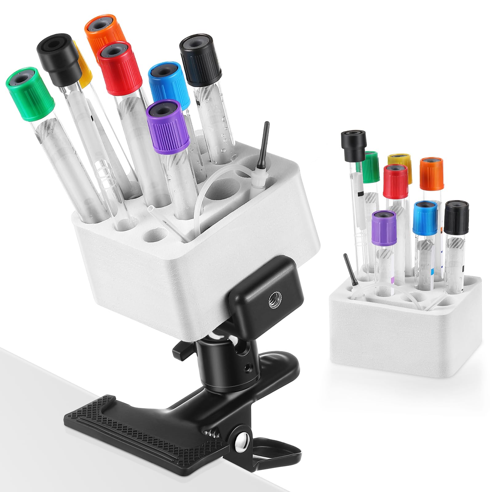 Photo 1 of Chunful Mobile Tube Holder Rack with Clamp Mount Adjustable Test Tube Organizer Kit Supplies for Hospital Laboratory Scientific Office, Clamps on Chair Arms, Wheelchairs and Bed Rails