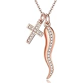 AXOMY Cornicello Necklace 925 Sterling Silver Italian Horn Necklace Cross Pendant Good Luck Protection Amulet Jewelry Gift for Women (Cross Horn Ross Gold)