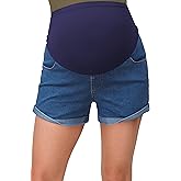 OUGES Womens Summer Maternity Denim Shorts Over The Belly Stretchy Cuffed Hem Casual Pregnancy Jean Shorts with Pockets