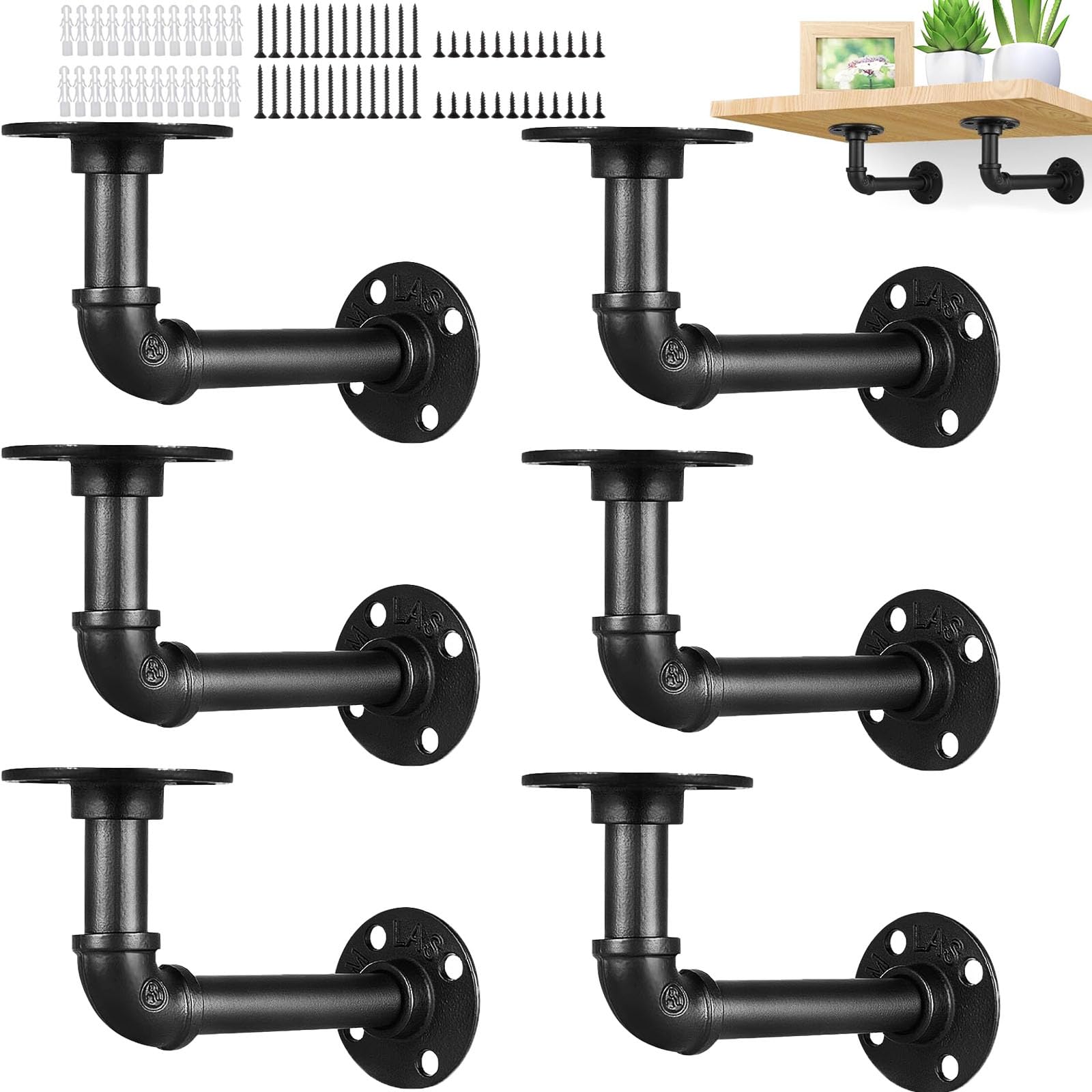 MUXHEL 6PCS Industrial Pipe Shelf Brackets, Wall Mounted Industrial Shelf Brackets with Screws, Black Pipe Brackets for Shelves, Scaffold Board and Home Decoration — image 1