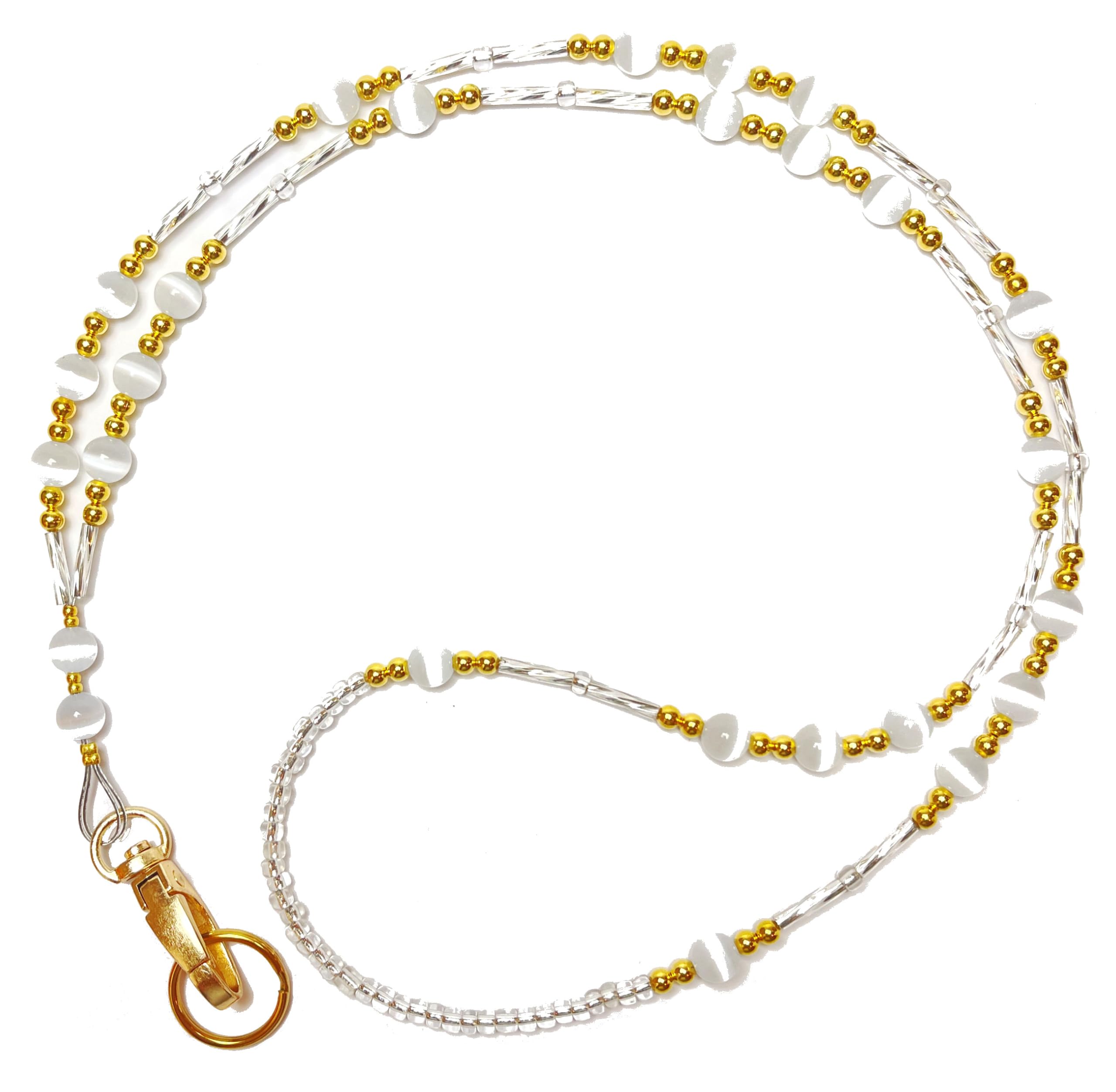 Hidden Hollow Beads, Simple Beaded (Ultra Light Weight) Made in USA Women's Fashion Lanyard Necklace, 34", Key and ID Badge Holder (Simple White Gold - Non Breakaway (Stronger))