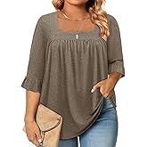 Siddhe Womens Plus Size Tops Loose Fit 3/4 Ruffle Sleeve Blouses Square Neck T Shirt Casual Tunic Tops(1X-5X)