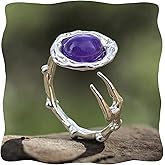 Amethyst Ring, Funky Unique Fork Spoon Purple Rings for Women Amethyst Jewelry, Adjustable Open Natural Amethyst Stone Ring