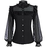 Scarlet Darkness Women's Victorian Lace Tops Polka Dot Button Down Long Sleeve Shirt
