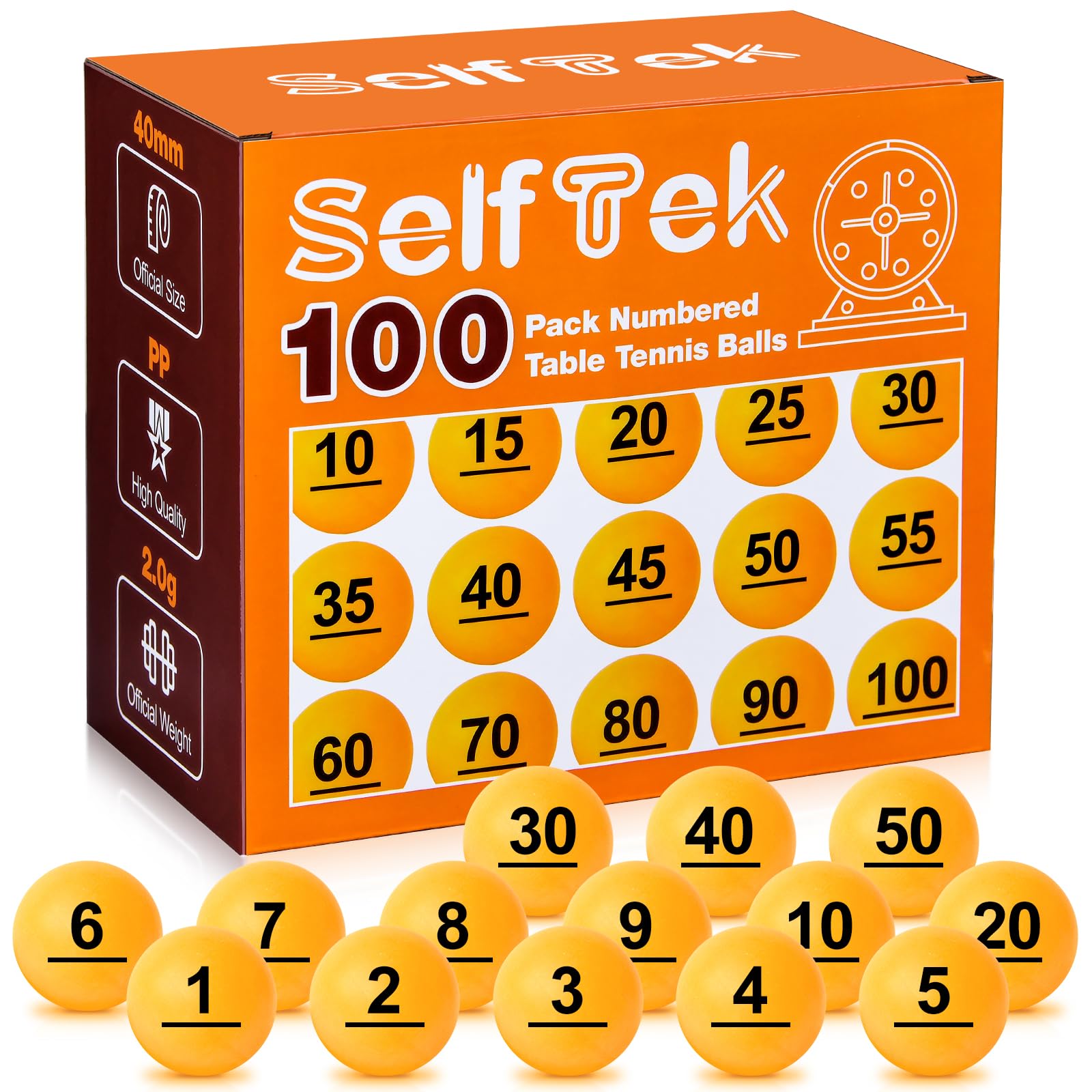 SelfTek 100Pcs Numbered Table Tennis Balls Beer Ping Pong Balls 40mm Raffle Balls Lottery Balls Printed with Numbers for Party (No. 1-100)