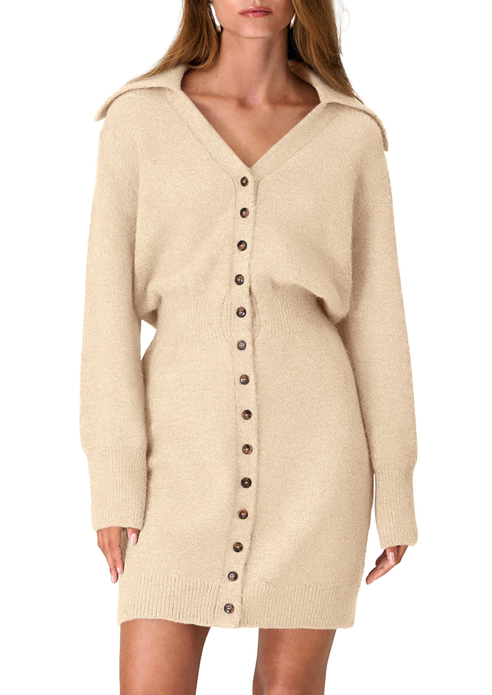 Photo 1 of PRETTYGARDEN Sweater Dresses for Women 2026 Trendy Long Sleeve Button Down Short Mini Fall Winter Dress (Beige,Large)