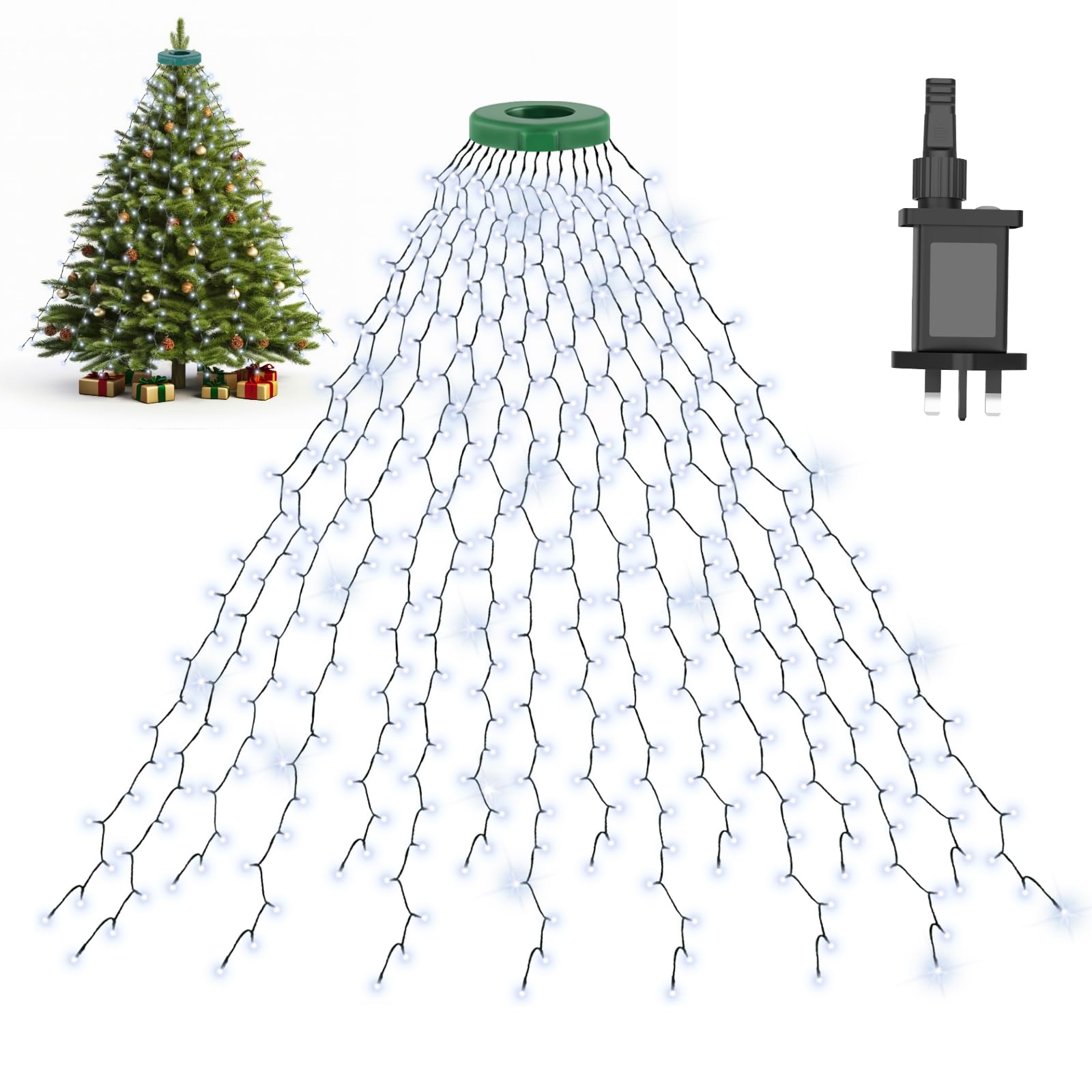 cshare Christmas Tree Lights, 3M/9.8Ft * 16 Lines 592LEDs Fairy Lights Mains Powered with 8 Light Modes,Memory & Timing Function,Waterproof for (8-10ft) Christmas Tree Indoor and Outdoor- Coolwhite