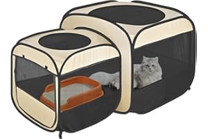 EIGHTEENTEK 2-in-1 Portable Cat Playpen, Pop up Pet Kennel Play Pen Cat Tent House Cage, Foldable Puppy Enclosure Kitten Crates Indoors Outdoor(Beige)(No Divider, Pass-Through)