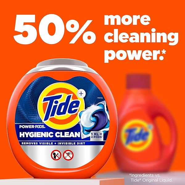 TIDE POWER PODS HYGIENIC CLEAN HEAVY DUTY LIQUID LAUNDRY DETERGENT PACS, FREE AND CLEAR OF DYES AND PERFUMES, FOR VISIBLE AND INVISIBLE DIRT, 45 COUNT, HE COMPATIBLE