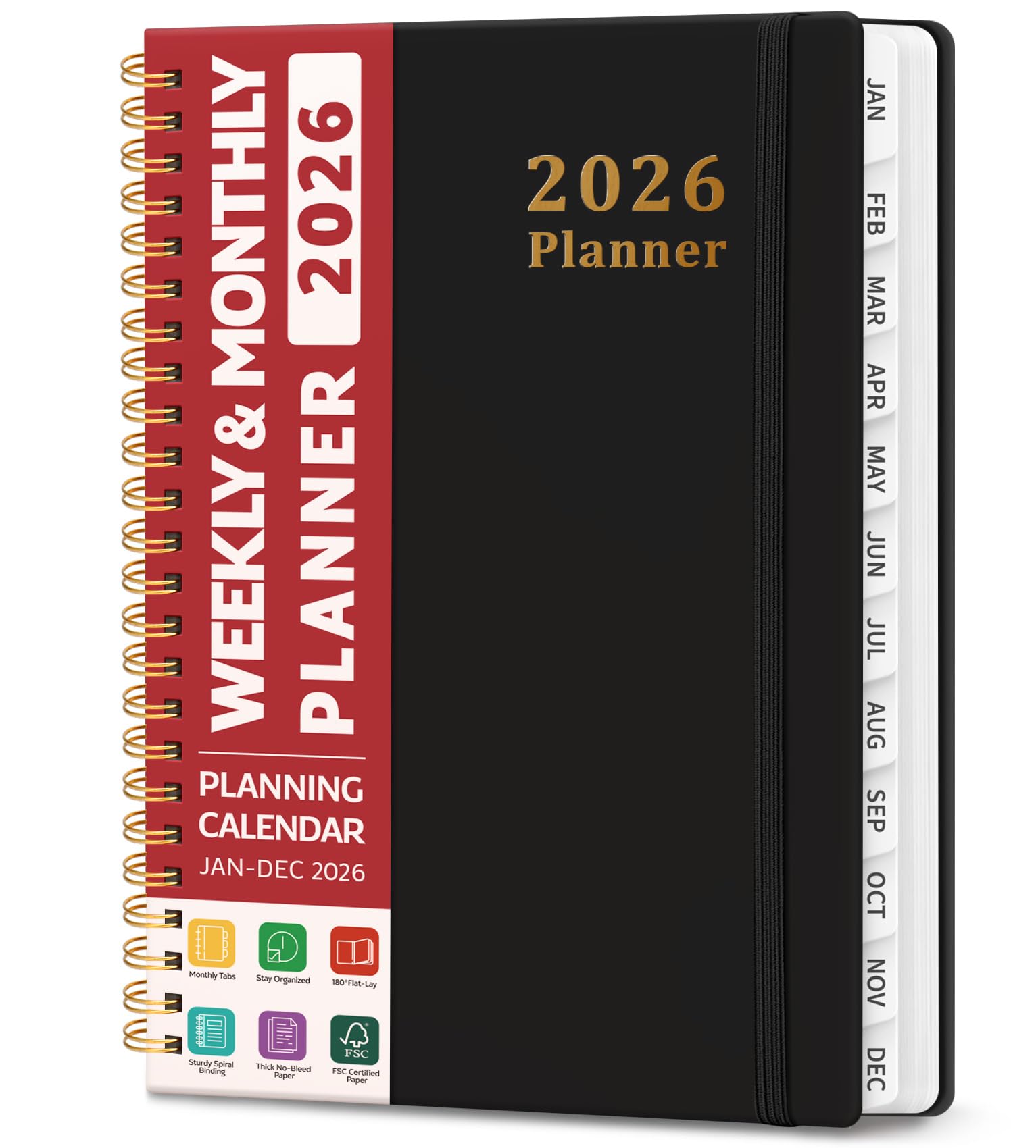 Photo 1 of 2026 Planner, Weekly and Monthly Planner, January 2026 - December 2026, Hardcover 2026 Calendar Planner Book with Tabs For Women & Men, Inner Pocket, Spiral Bound, Perfect for Office Home School Supplies - A5 (6.3" x 8.5"), Black