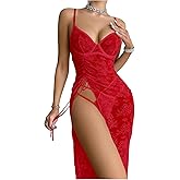 SHENHE Women's Lace Nightgown Lingerie High Slit Long Mesh Dress and Thong Bridal Lingerie Set