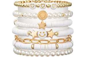 LieToi Preppy Heishi Bracelets Set Colorful White Gold Smile Heart Star Evil Eye Beaded Polymer Clay Pearl Stackable Charm Y2K Kidcore Summer Beach Bohemian Layering Bracelets Jewelry for Women Girls Teens