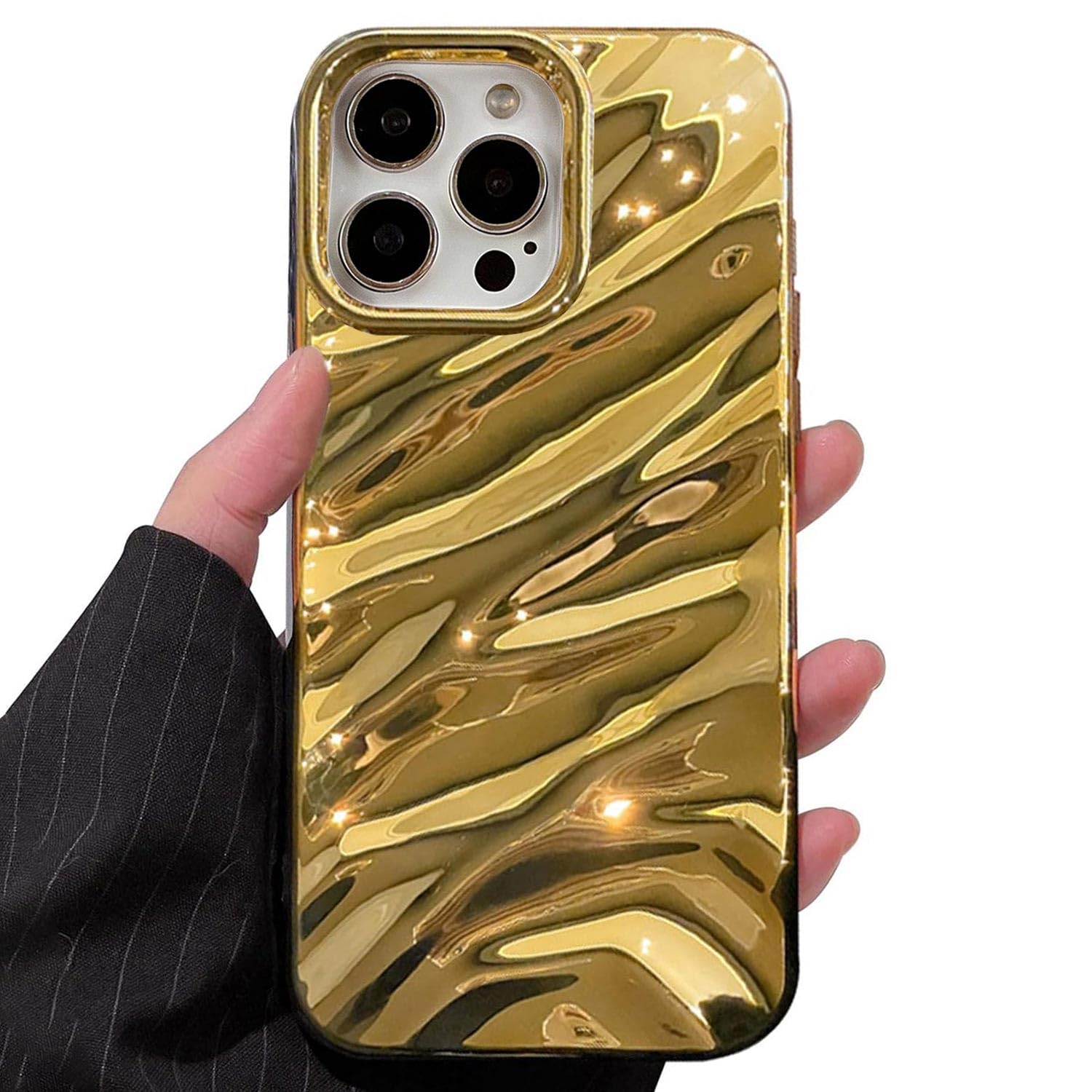 QLTYPRI Compatible with iPhone 15 Pro Max Case, Cute Wave Water Ripple Pattern Case for Girls Women, Slim Glossy Soft Silicone TPU Bumper Shockproof Protective Phone Cover for iPhone 15 Pro Max- Gold — image 1