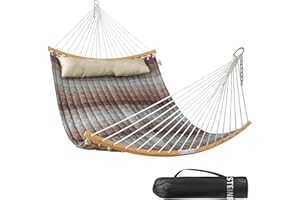 BATHONLY Double Hammock, 11 FT Quilted Fabric 2 Person Hammock for Outside with Pillow, Folding Curved Spreader Bar, Chains, Carrying Bag, Indoor Outdoor, 450 IB Capacity, Aqua Green