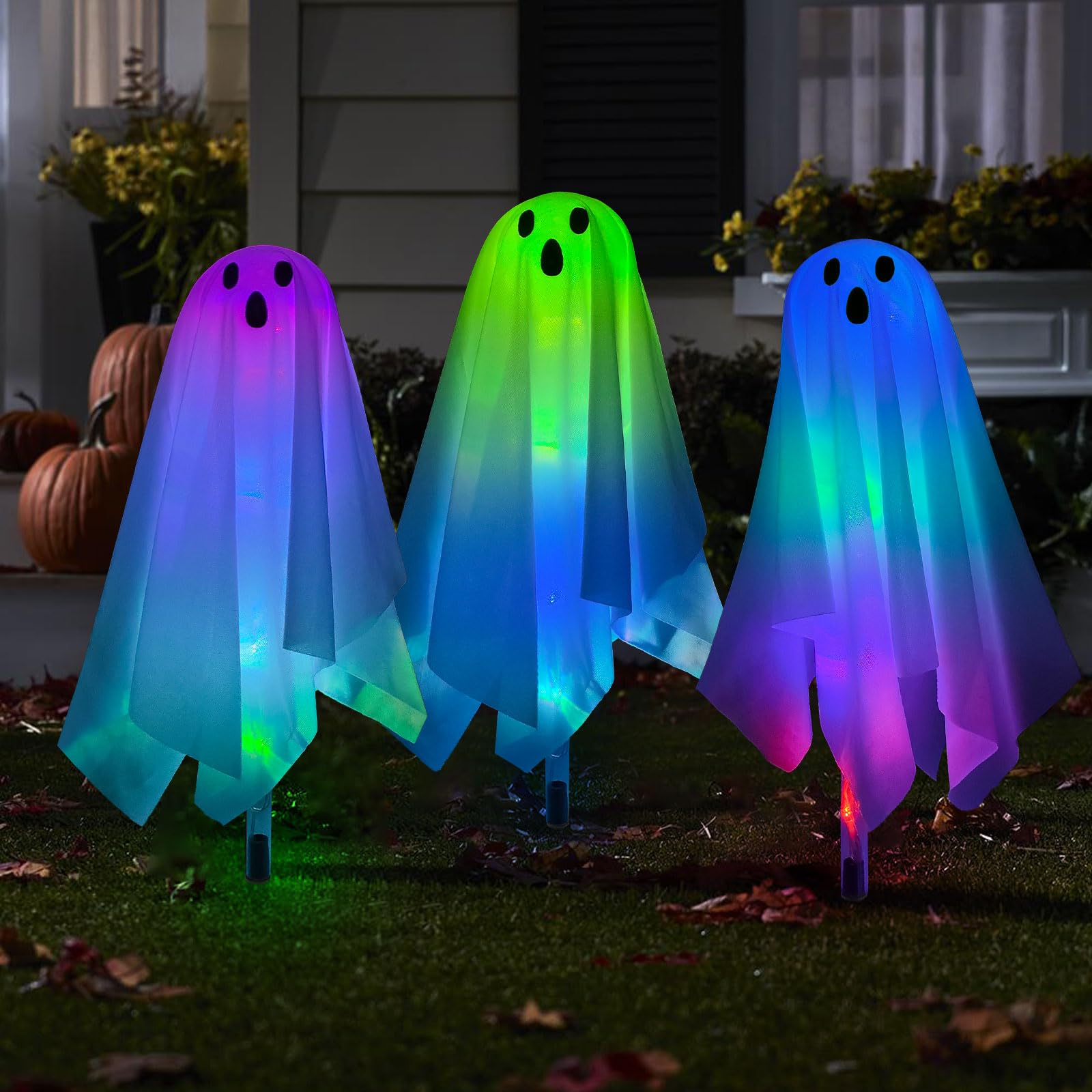 Photo 1 of Set of 3 Halloween Pathway Markers Lights, 14.2 Inch High Plastic Ghost Lawn Garden Stakes Clear Lights for Trick or Treat Party Outdoor Waterproof Halloween Decor (Color Changing)