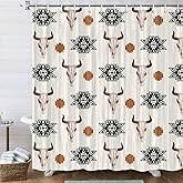 JAWO Western Boho Shower Curtain Native Aztec Tribal Bull Skull Southwestern Cow Bohemian Geometric Pattern Beige Bathroom Decor Aztec Shower Curtain with Hooks