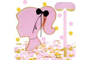Whaline Girl Princess Pinata Set with Stick Blindfold Confetti Pink Girl Profile Pinata for Birthday Baby Shower Party Games 