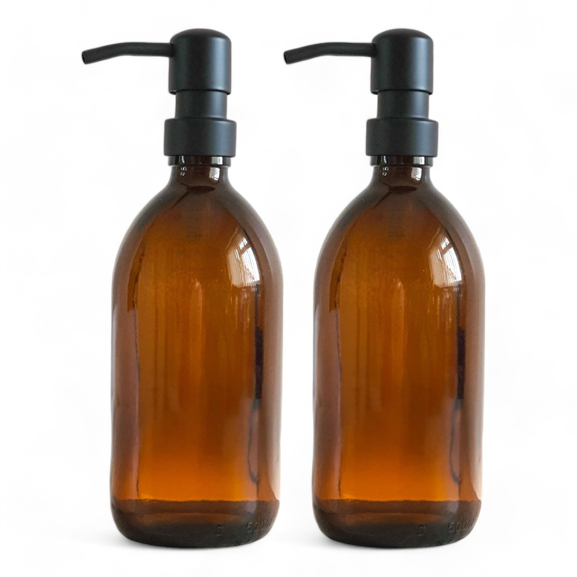 Amber Glass Bottles 500ml Soap Dispenser with Metal Pump (BPA-Free) Brown Glass Empty Soap Dispensers – Reusable Refillable Eco friendly, Sustainable Living/Gift (Black Satin-Finish, 2)