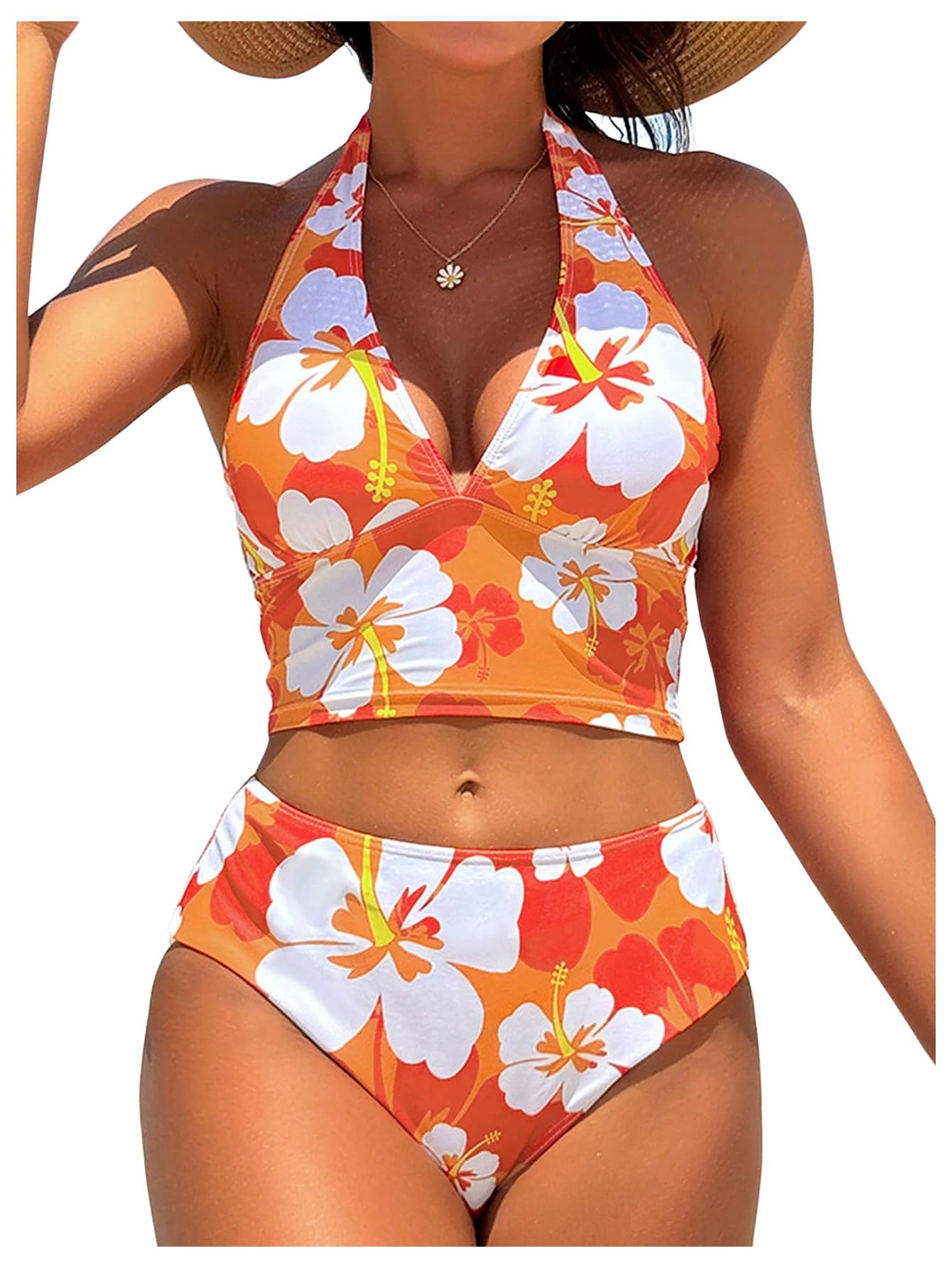 Photo 1 of SweatyRocks Women's Floral Print 2 Piece Swimsuit Tie Side Halter High Waisted Bikini Bathing Suit Multicolor X-Large