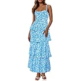 Wenrine Womens Summer Floral Maxi Dresses Sleeveless Spaghetti Strap Tie Back Ruffle Tiered Flowy Dresses