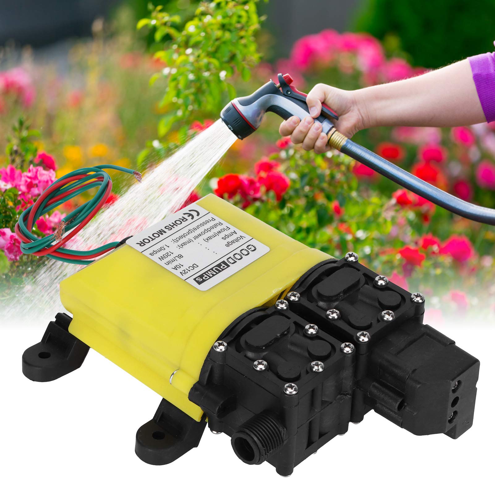 Pressure Washer Pump, 12V 120W 8L Diaphragm High-Pressure Pump with Copper Connector Automatic Water Injection Pump for Garden Sprinklers, Lawns