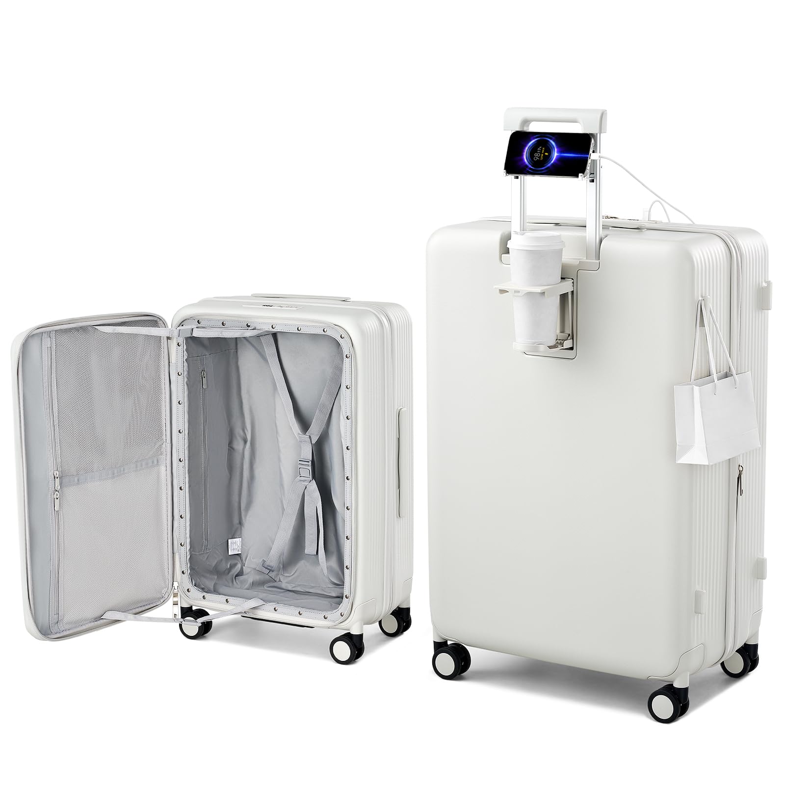 Photo 1 of Hanke Expandable 28 Inch Luggage with Spinner Wheels Top Opening Travel Luggage Hard Shell Rolling Suitcases Large Lightweight Checked Luggage with Cup Holder(Smoke White)