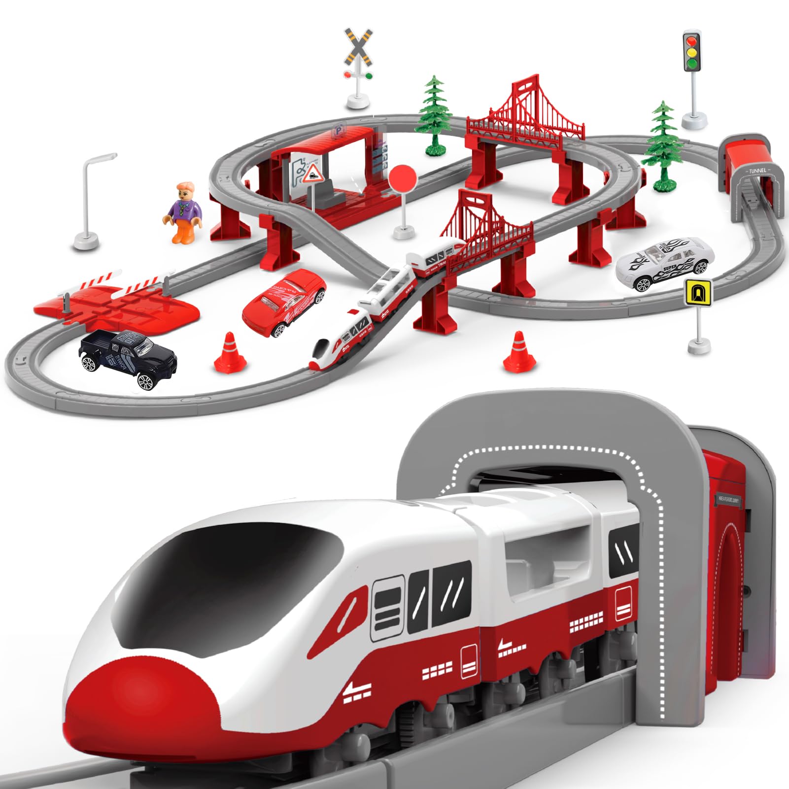 XIAPIA Electric Train Sets Railway Learning Educational Toys for Kids Boys Girls Age 3 Years Up, 104 Pcs Track Accessories Car Set Christmas Xmas New Year Gifts โ image 1