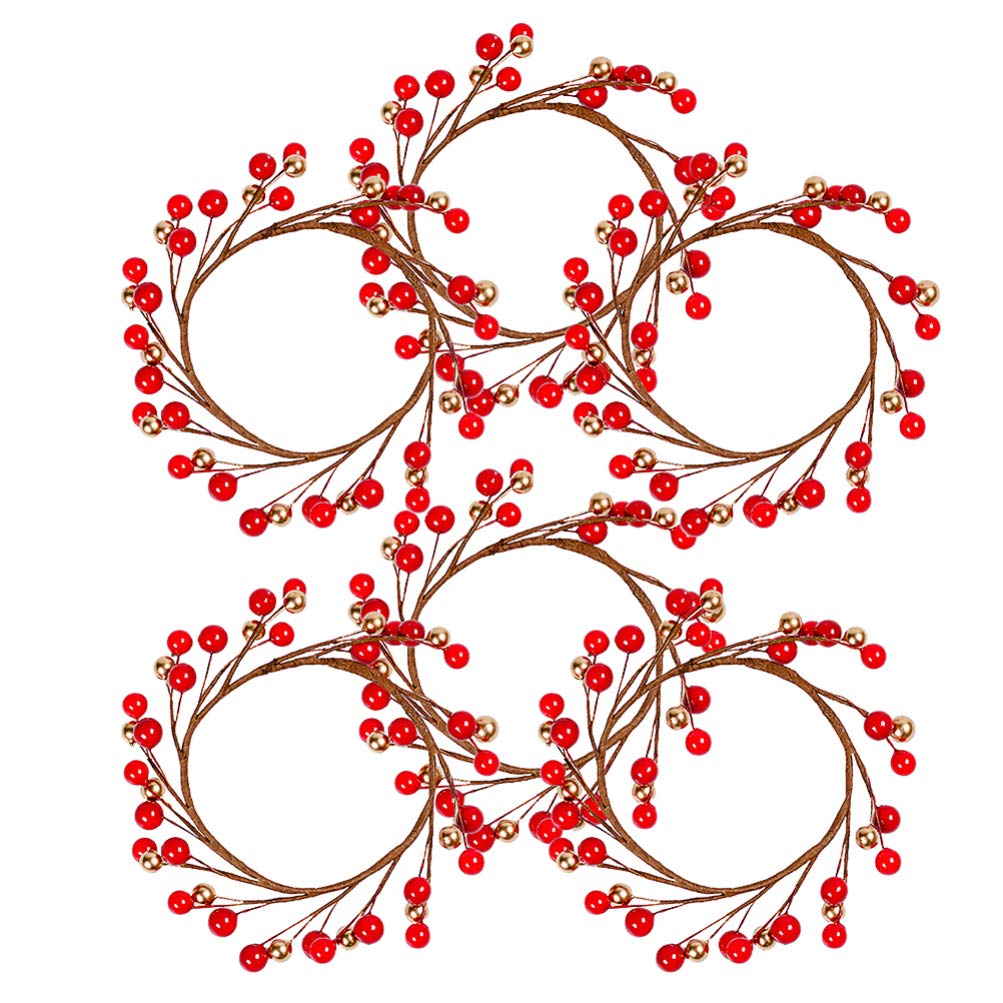 Amosfun Set of 6 Artificial Berry Wreath Candle Holder Tea Light Rings Mini Berry Garland Napkin Rings Wedding Xmas Party Table Decoration Christmas Decoration 9 x 9 cm