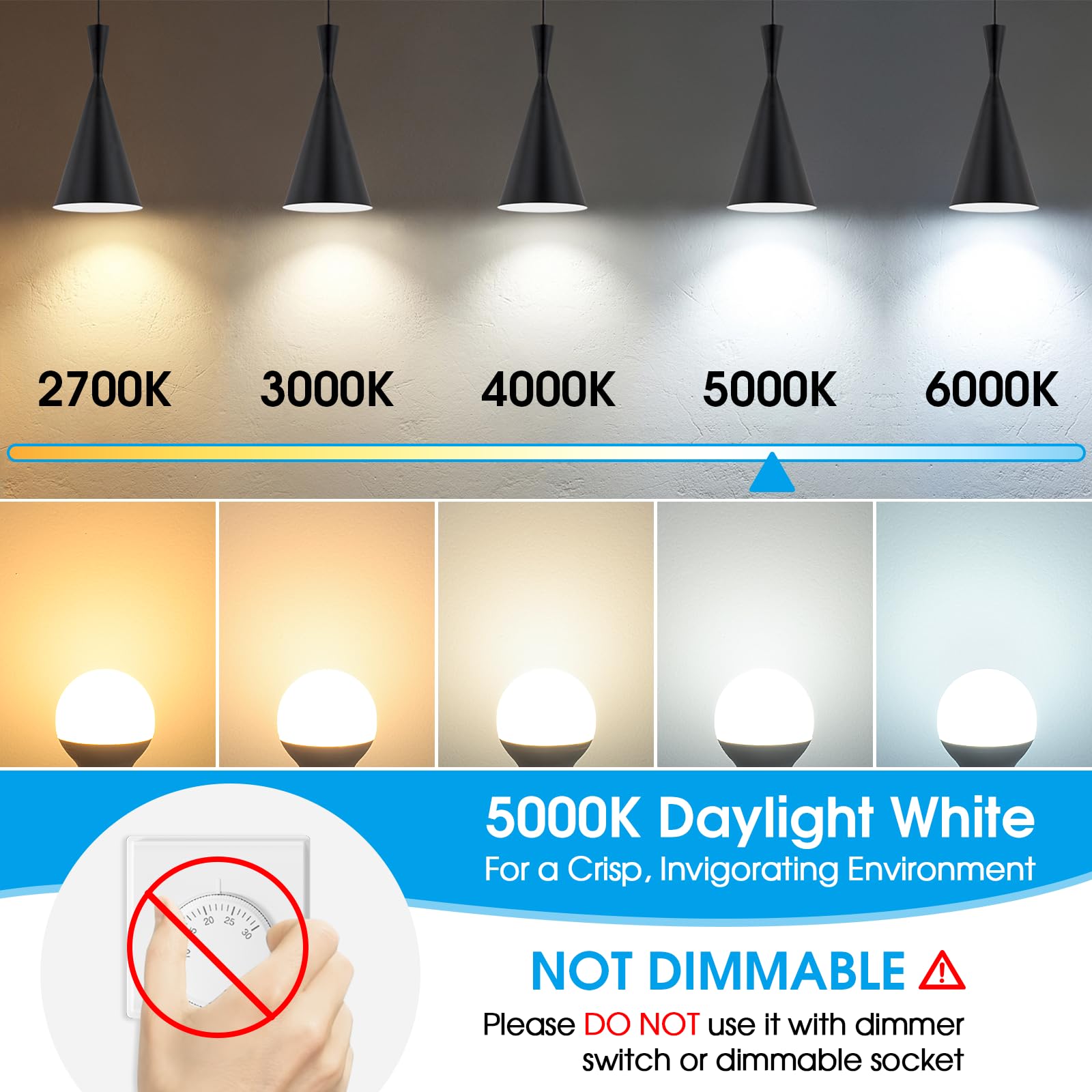MAXvolador E12 LED 60W Equivalent Daylight White 5000K Ceiling Fan Bulbs, 600LM CRI 85+ Small Base Candelabra Bulbs, 6W Non-Dimmable, Pack of 6