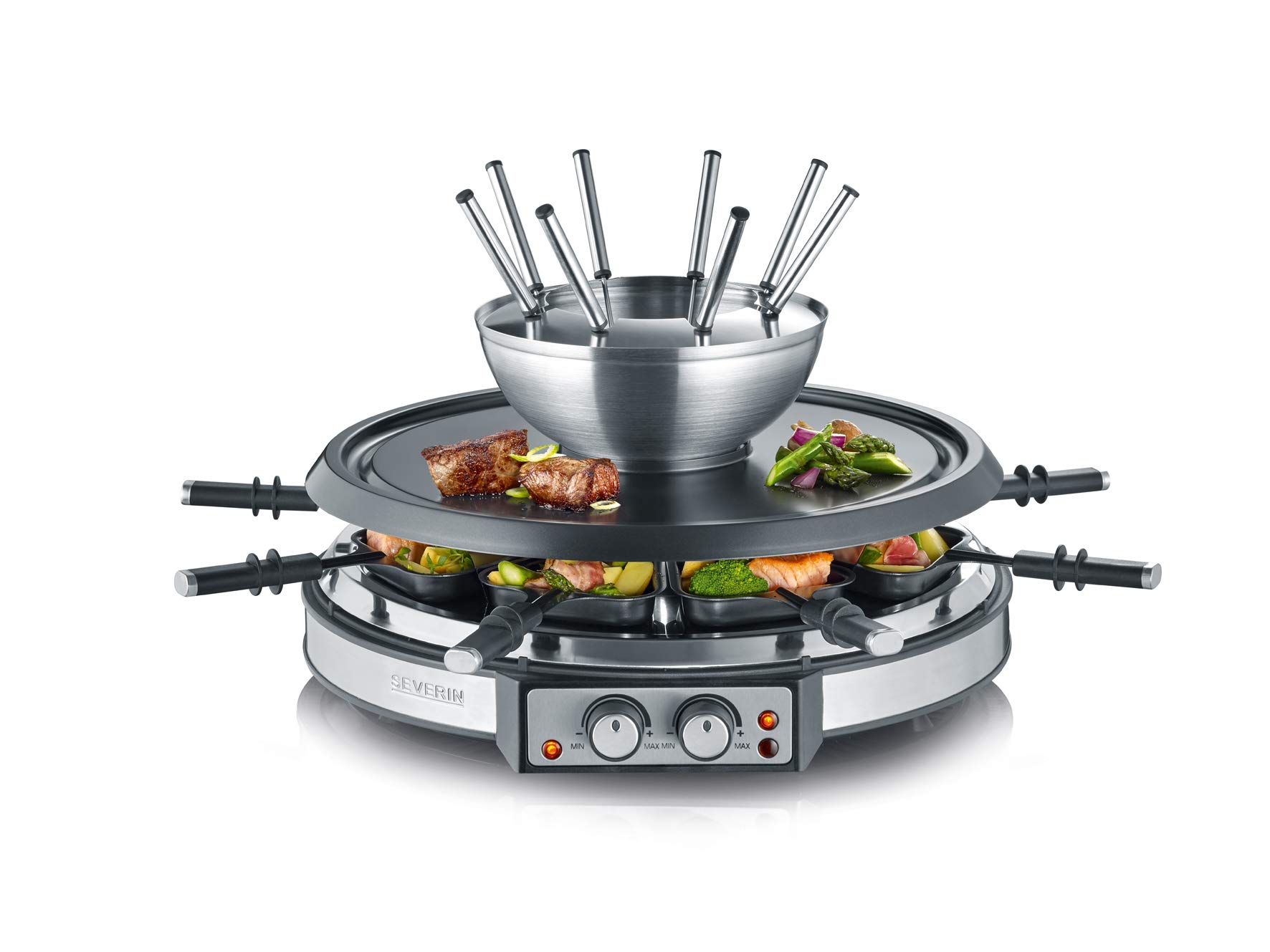 Severin Combination Use As a Cheese Pot, Raclette Grill and Fondue Set for 8 People, 1900 W, Brushed Stainless Steel/Black, RG 2348