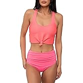 Coral Reef Swim Tankini Swimsuits for Women - Knotted Front Tankini Tops with Mid-High Ruched Swim Bottoms - Pink (XXS - 3XL)