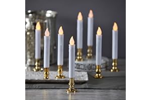 LAMPLUST Christmas Window Candles with Gold Holders - Battery Operated White Flameless Taper, Removable Base, Flickering LED Light, Auto Timer, Remote Control & Batteries Included - Set of 8