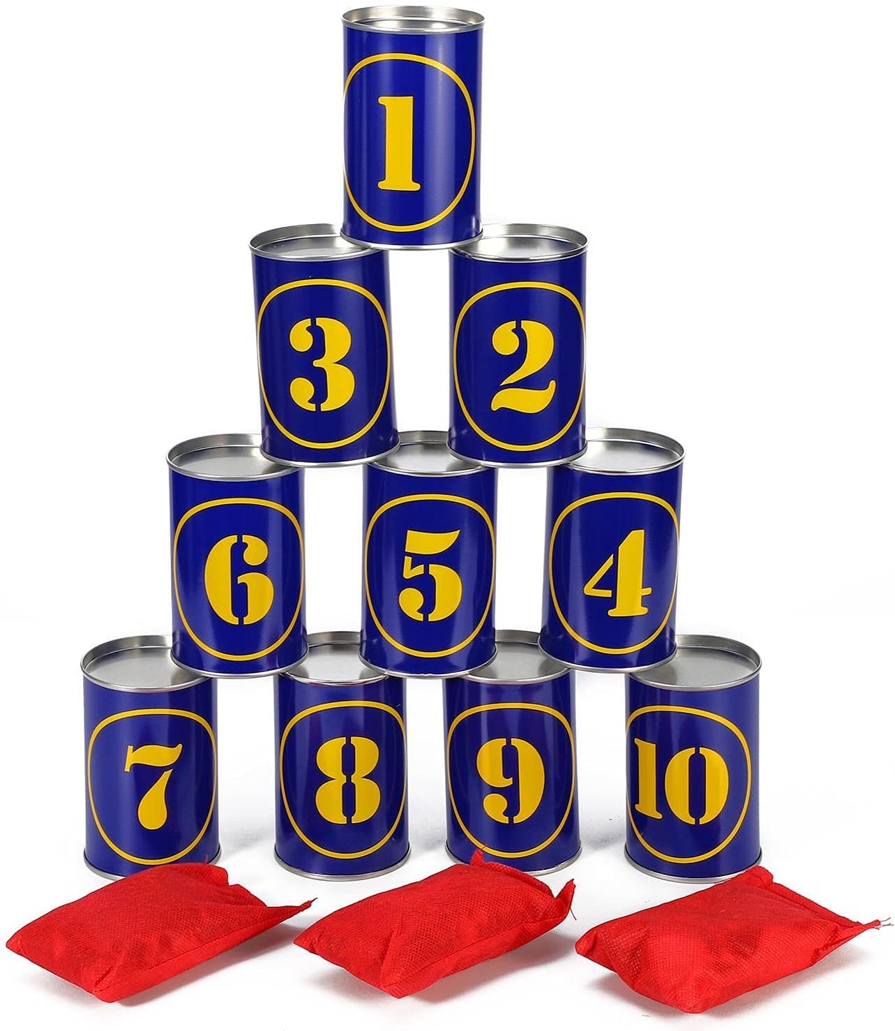 SOKA Tin Can Alley Game 10 Metal Tins & 3 Bean Bags – Indoor Outdoor Party Garden Games Activities for Kids & Adults – Birthday Christmas Easter Family Fun Games Children Boys Girls Gift