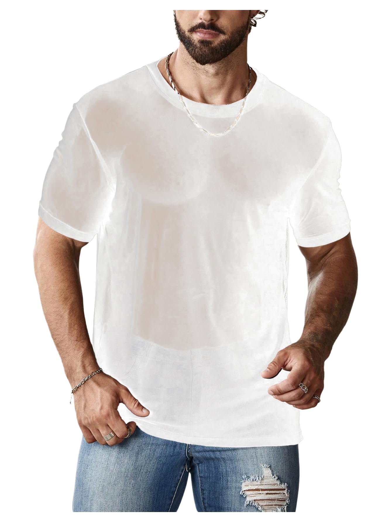 Photo 1 of OYOANGLE Men's Sheer Mesh Short Sleeve Round Neck T Shirts Solid Plain See Through Party Tops Bright White X-Large