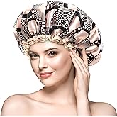 mikimini Large Shower Cap for Women Long Hair, Champagne Shower Caps with Lace, Double Layer Waterproof, Reusable, Washable, High-quality