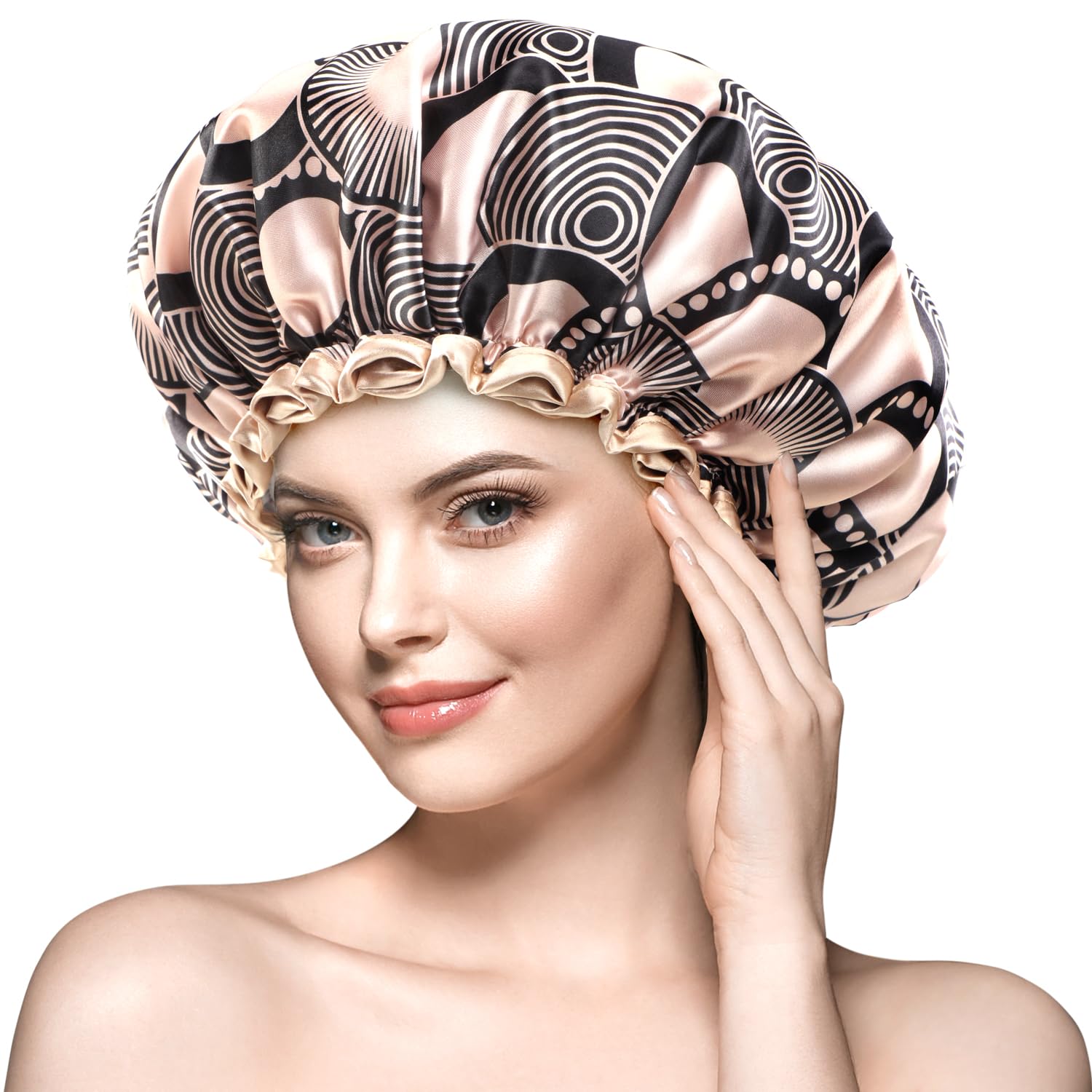 mikimini Reusable Shower Cap for Women with Long Hair, Secure-Fit Elastic Band, Champagne Print Large Double-Layer Waterproof and Washable Hair Cover for Thick Hair