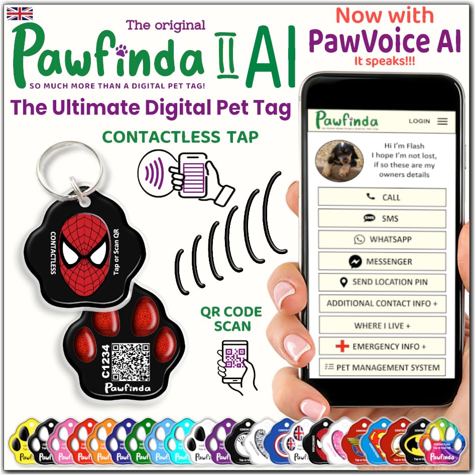 PAWFINDA – Next-Generation Personalised Cat & Dog ID Tag | Engraved Pet Tag with CONTACTLESS NFC, QR Code Technology & PawVoice AI | No App Required | Waterproof & Durable | UK-Based Support