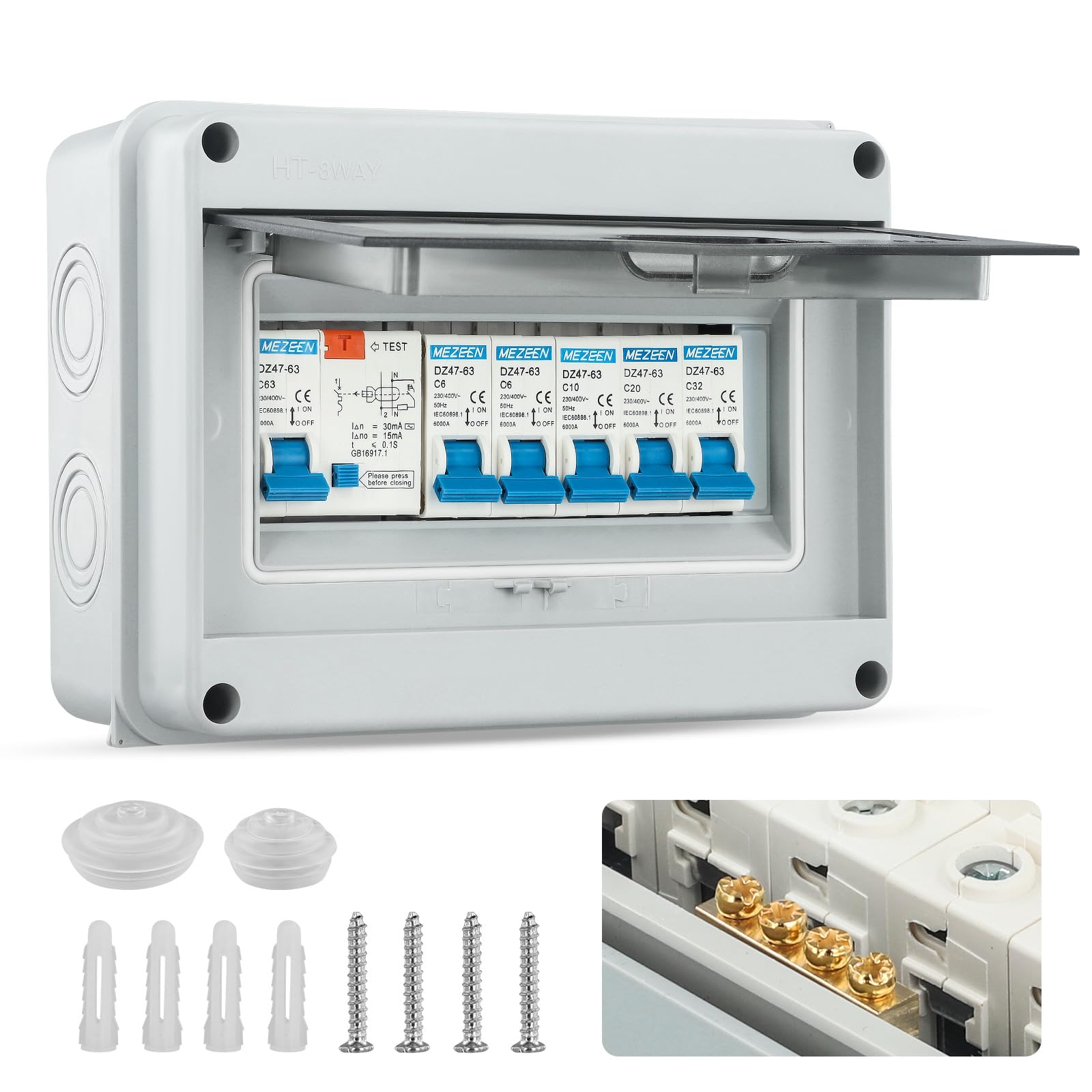 Consumer Unit Circuit Breaker - 4 Way With 63A 30mA RCD 4MCB 6A+10A+20A+32A, IP65 Anti-Leakage Fuse Box, Protective Plastic Shield for Outbuildings Garage