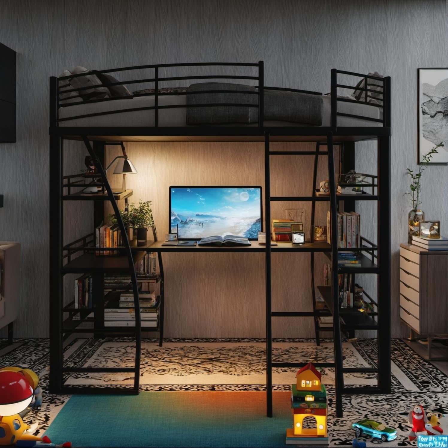 Photo 1 of **SELLING FOR PARTS AS PARTIAL SET. ONE BOX OF TWO. DIRT/SCRAPES**DNYN Full Size Loft Bed with Desk & Shelves & Sockets & USB Ports & Wireless Charging Design,Sturdy Metal Bedframe w/Ladder & Safety Guardrails,Perfect for Dorm,Bedroom,Guest Room, Black