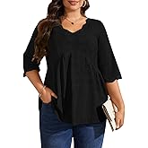 Plus Size Tops for Women 3/4 Lace Sleeve Shirts V Neck Blouses Casual Loose Tunic Tops to Wear with Leggings