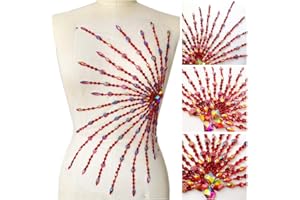 SUCCI SHAN 25x47cm Sumptuous Sew on Yellow AB Sequin Rhinestones Fine Appliques Designs Patches Sewing for DIY Costume Dress (Red)