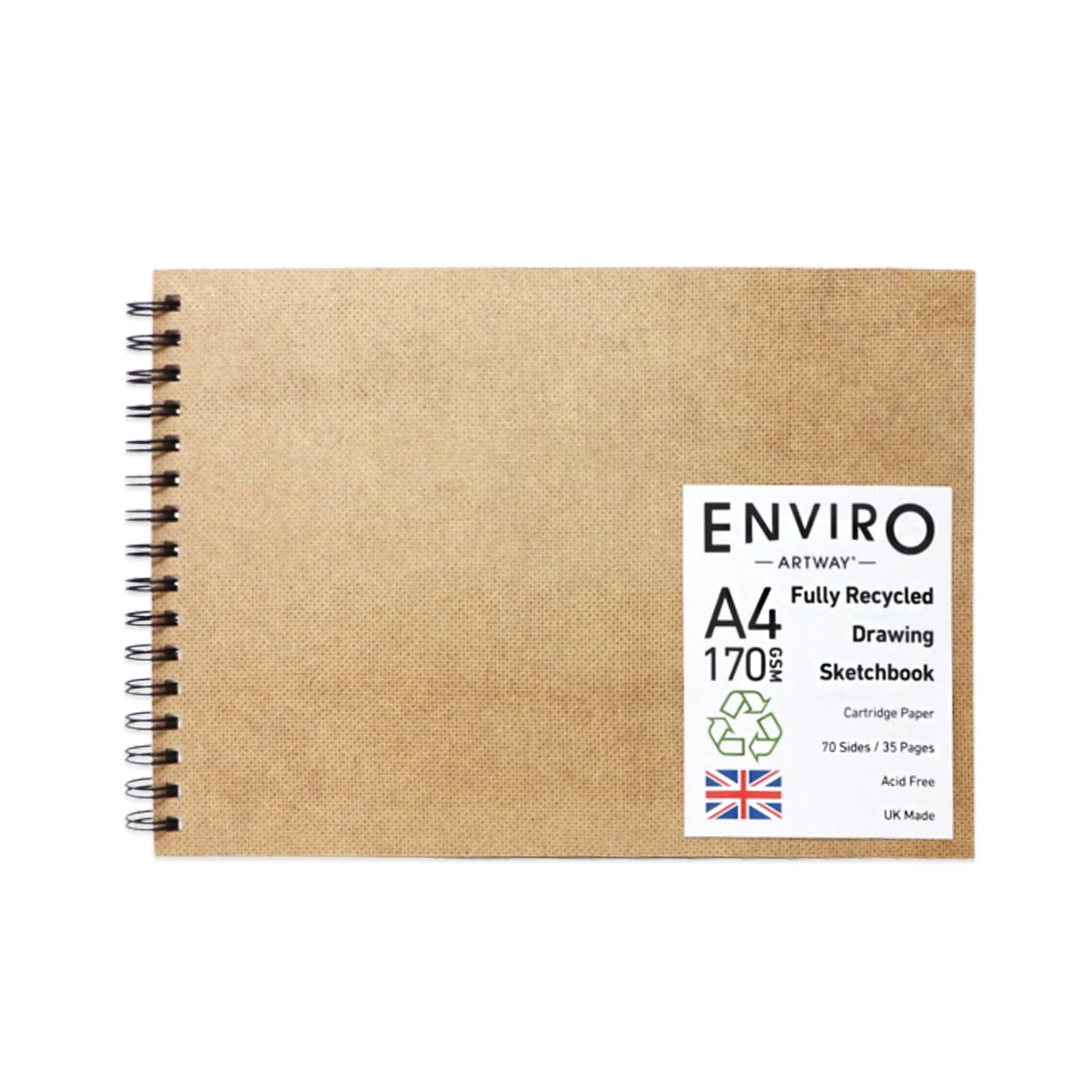 Artway Enviro – Spiral Bound A4 Sketchbook – Landscape - 70 Sides/35 Pages of Recycled 170gsm Drawing Paper – 100% Recycled Sketchbook / Scrapbook, White