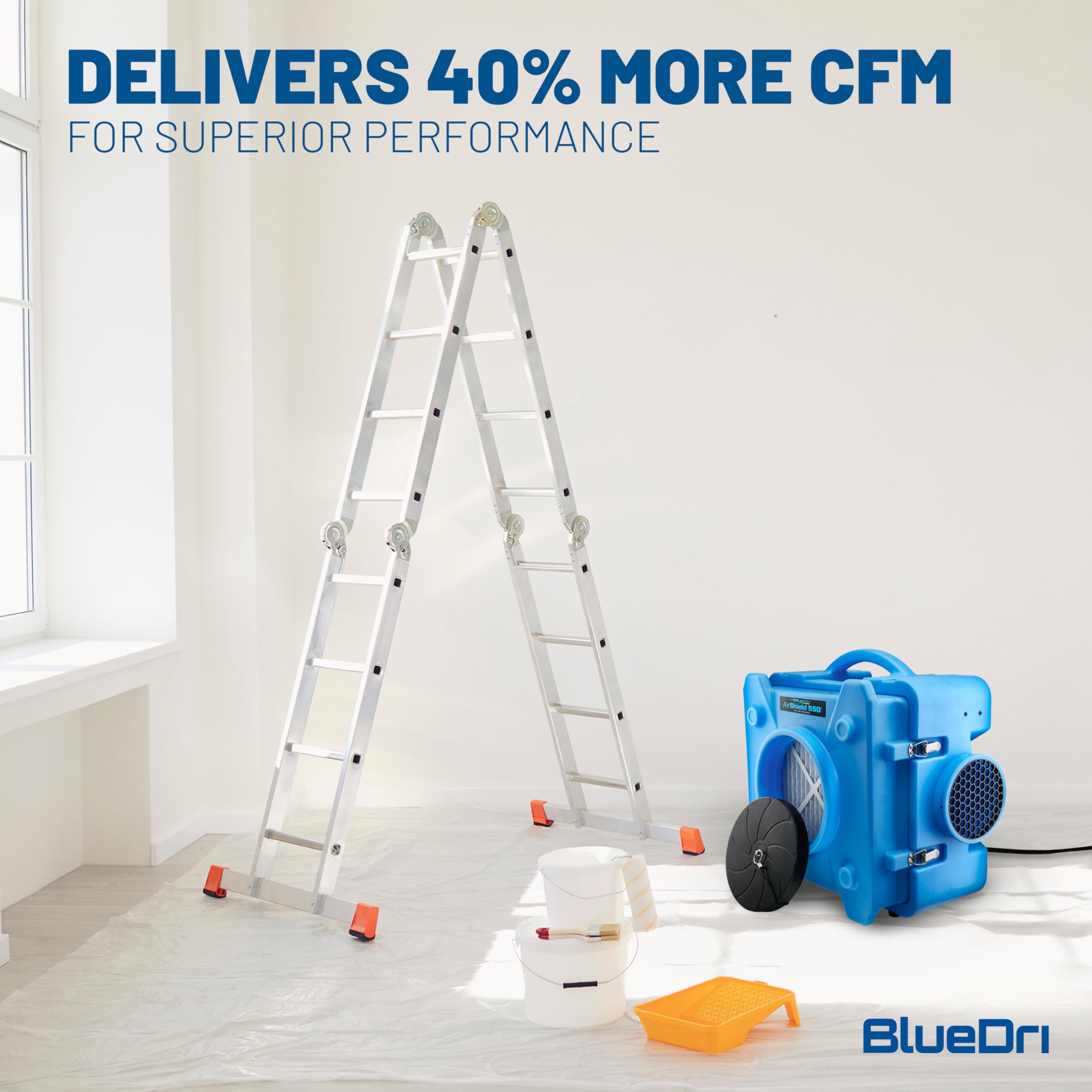 BlueDri Air Shield 550 HEPA Air Scrubber, Water Damage Restoration Equipment Air Purifier, Covers 1400 Sq. Ft, Daisy Chain Capable, For Commercial Use, Blue, BD-AS-550